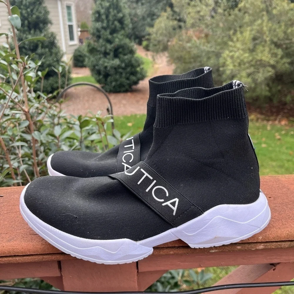 Nautica Wave Hill Black High Top Sneakers Shoes Women 9 knit Stretchy